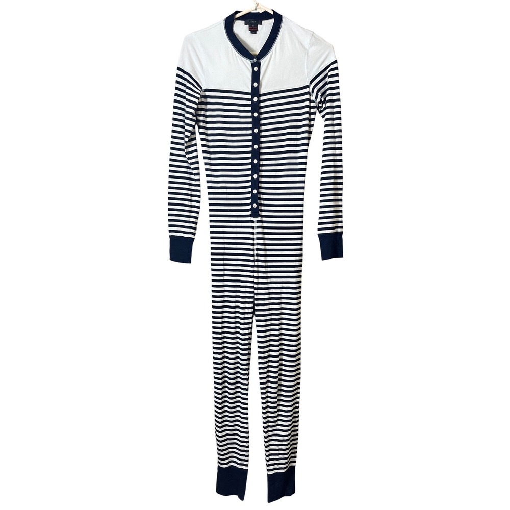 Rare J.Crew Women's XS Navy Blue Striped Long Sleeve Union Suit Pajama Cotton